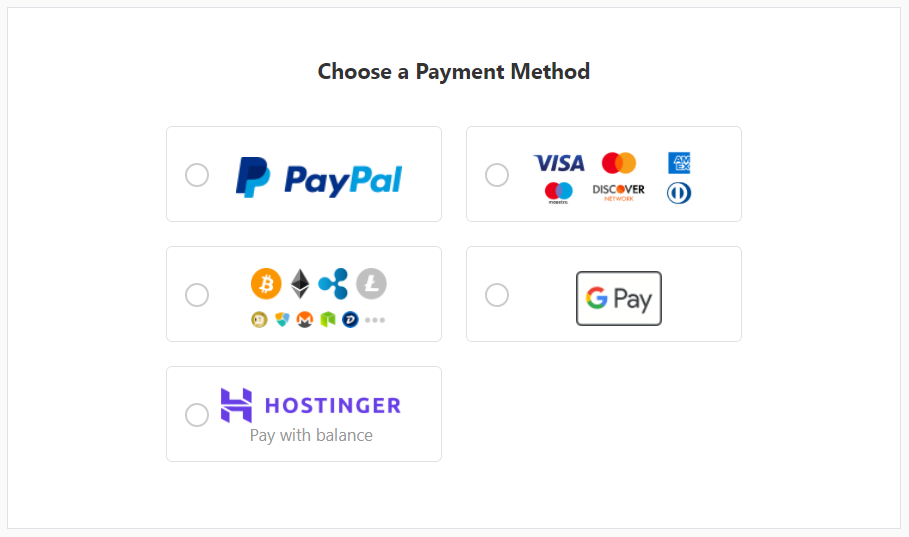 The payment method options when purchasing a domain name at Hostinger