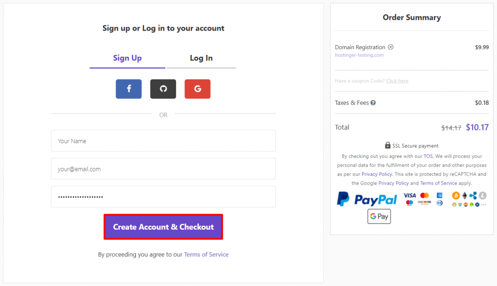 The Create Account & Checkout button in the Hostinger domain name checkout page