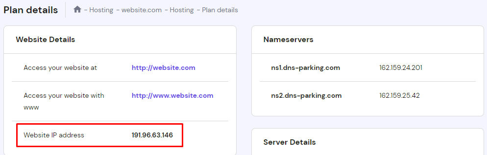 The Website IP address on the plan details