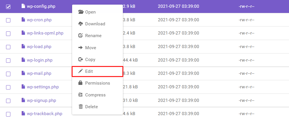 The wp-config.php file on Hostinger's File Manager right-clicked with the Edit option highlighted