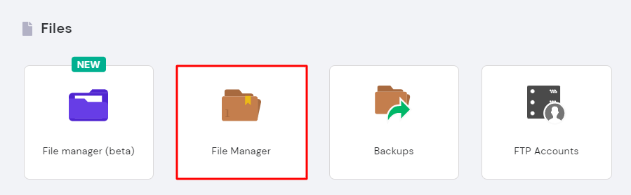 The File Manager in the Files section of Hostinger hPanel's Hosting Account page