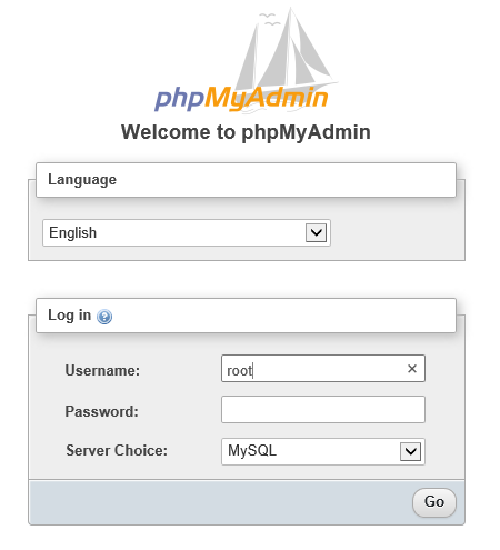 phpMyAdmin login window