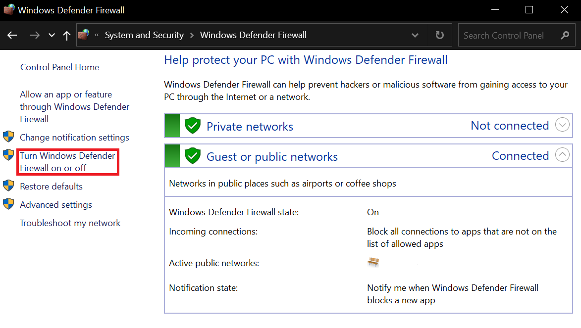 Selecting Enable or Disable Windows Defender Firewall