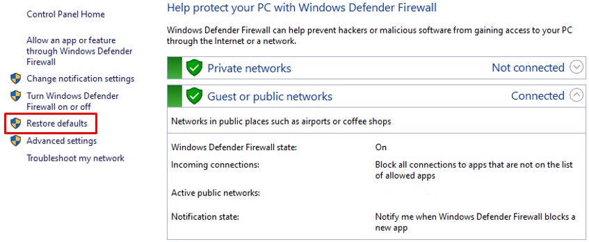 Restore default Windows firewall settings