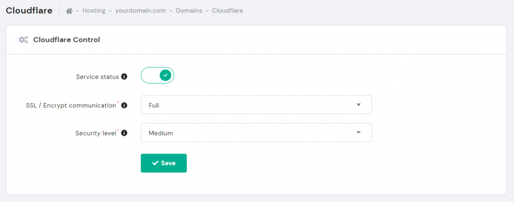 The Cloudflare Control section in hPanel