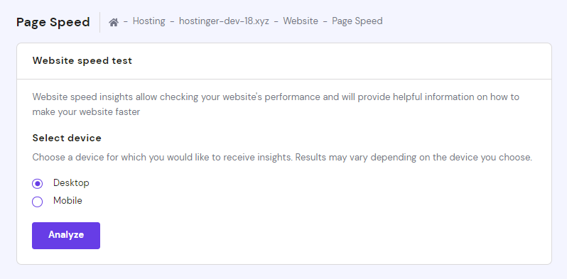 The Page Speed setting in hPanel
