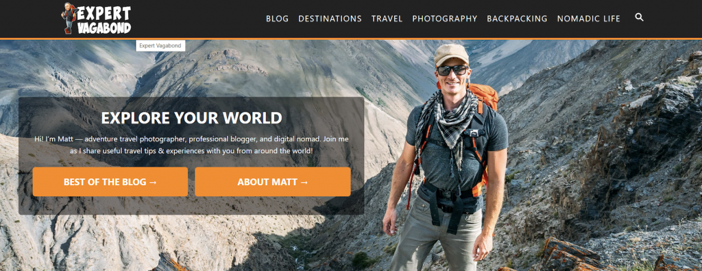 The homepage of Expert Vagabond, a travel blog