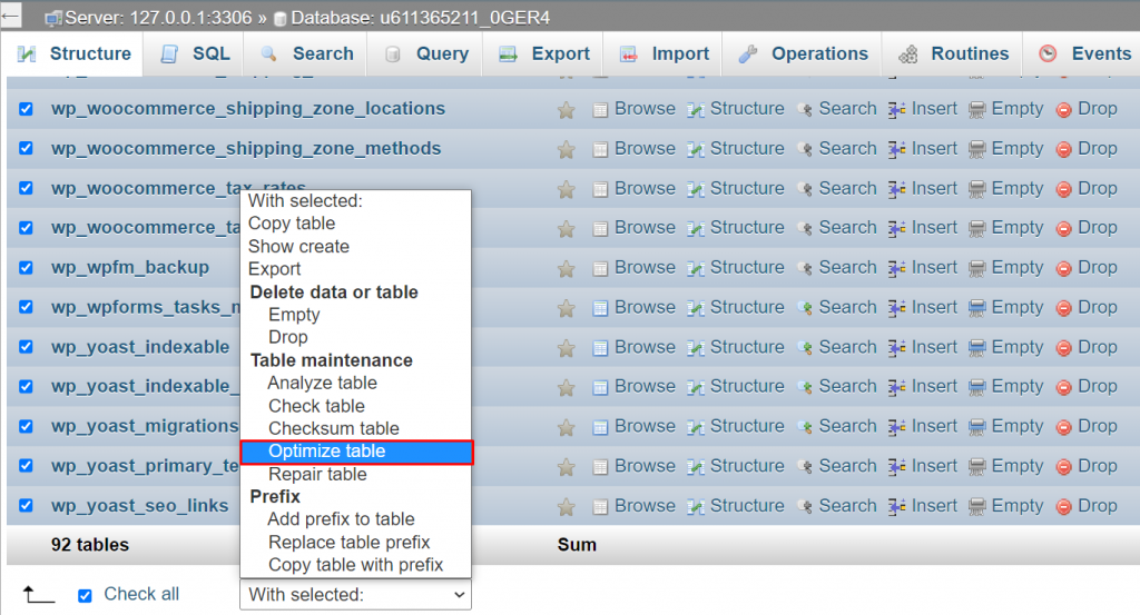 The optimize table option on the phpMyAdmin