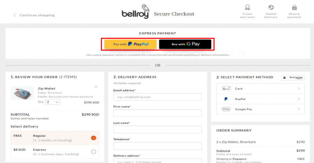 Bellroy checkout page