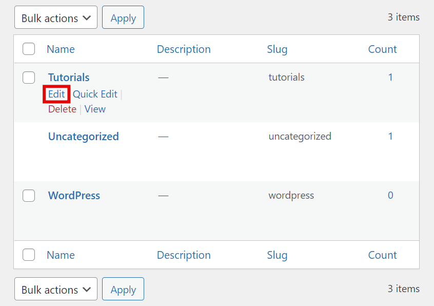 WordPress edit categories.