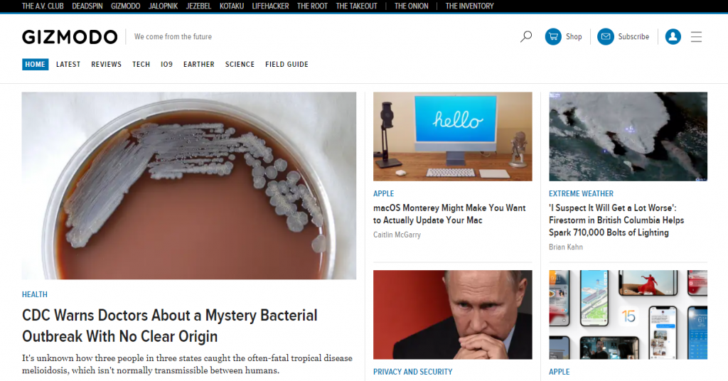 Gizmodo's website homepage.