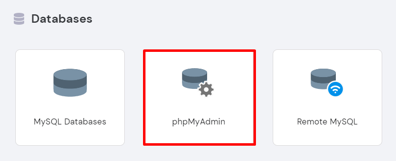 phpMyAdmin button under the Databases section on hPanel
