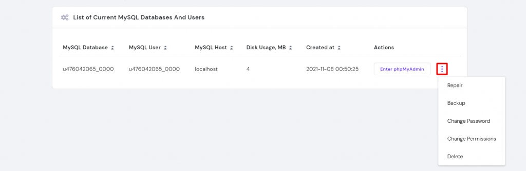 Viewing options to manage current MySQL databases on hPanel