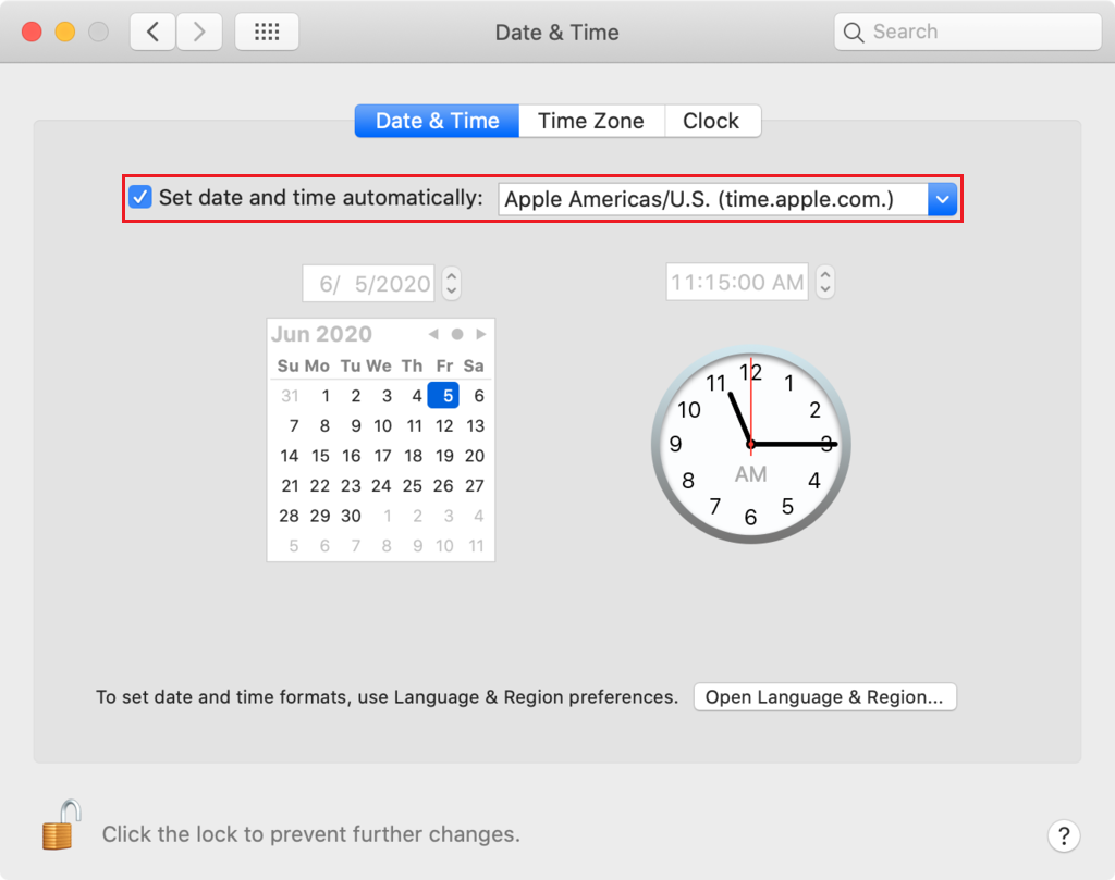 macOS date and time settings