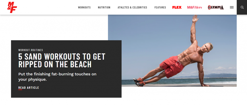 The Muscle and Fitness Website homepage.
