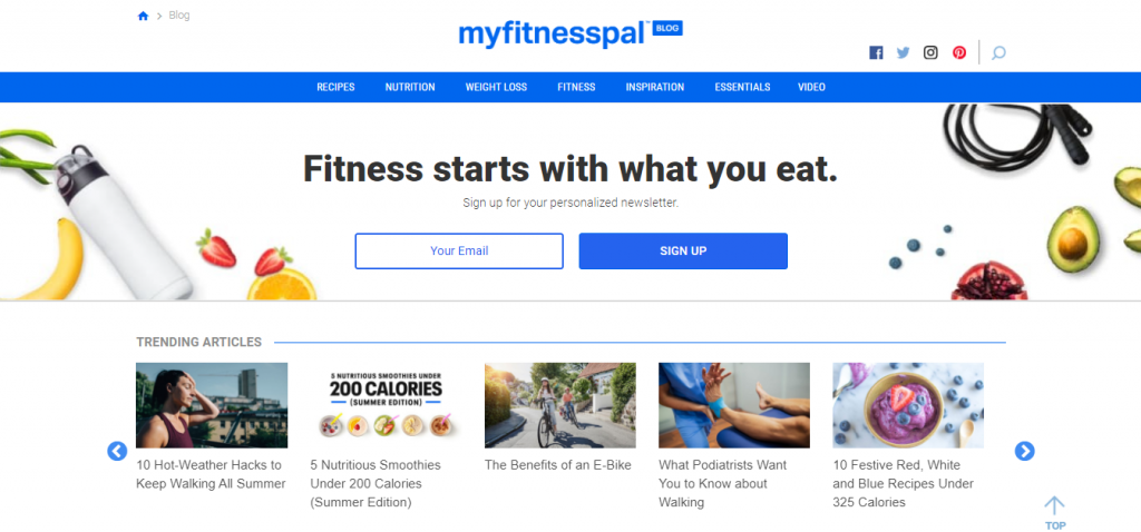 The Blog page of the MyFitnessPal website.