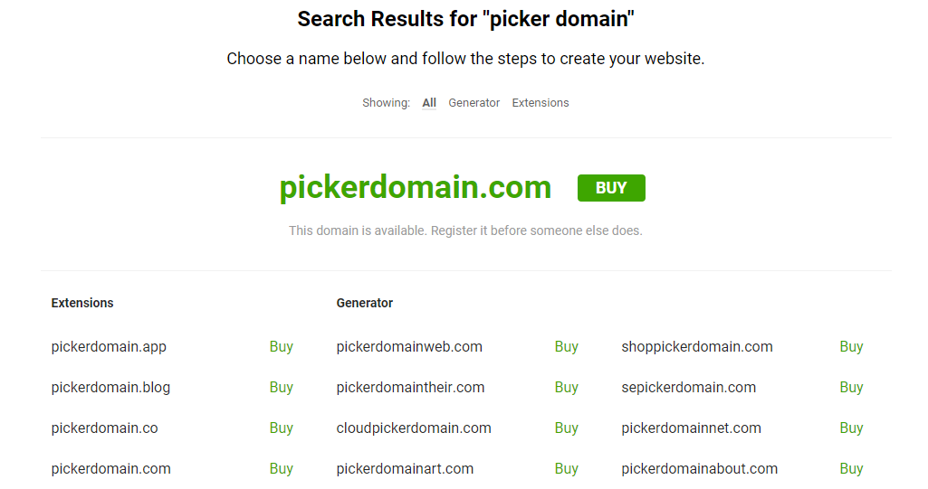 Nameboy domain name generator results.