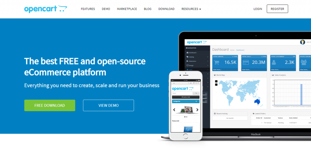 OpenCart's homepage.