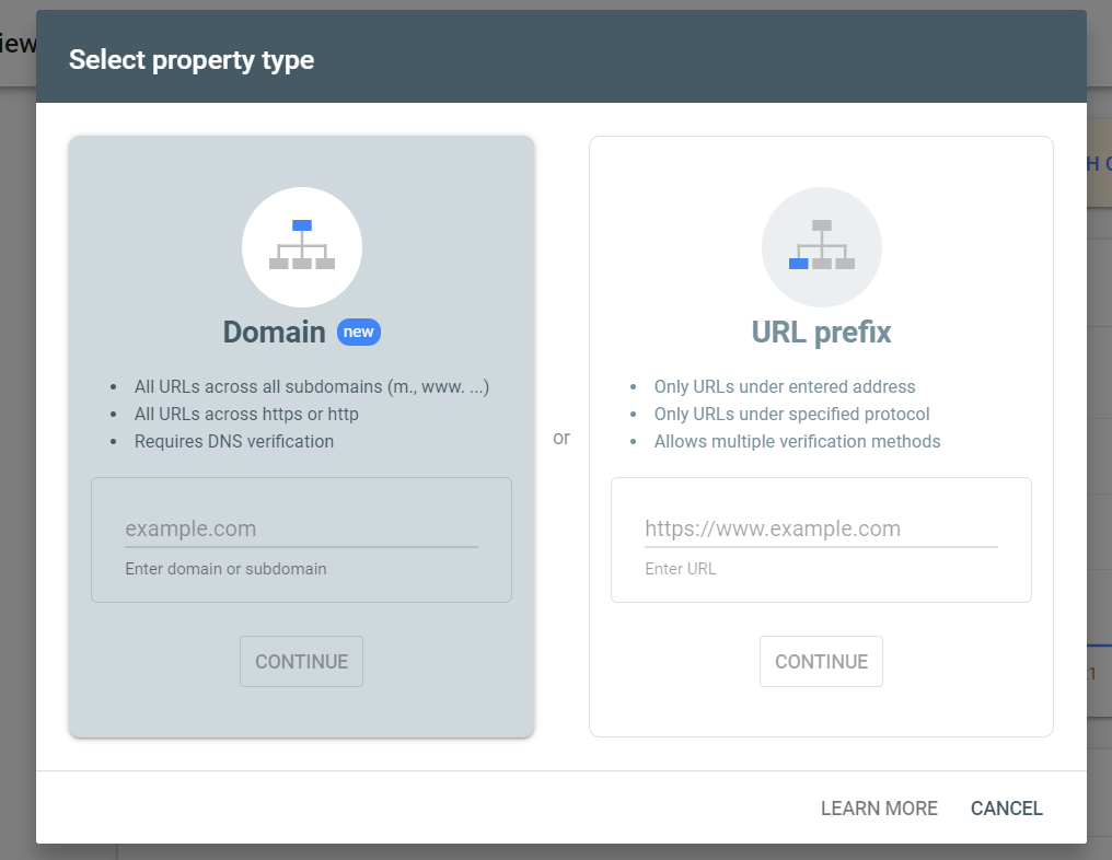 Select the property type – Domain or URL prefix