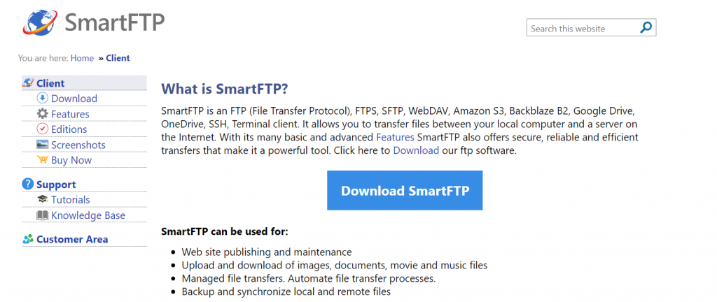 Screenshot of SmartFTP's homepage