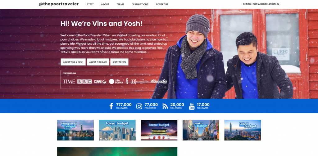 The homepage of the Poor Traveler website
