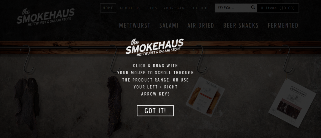 Smokehaus homepage notifying the instruction on how to scroll through the product range