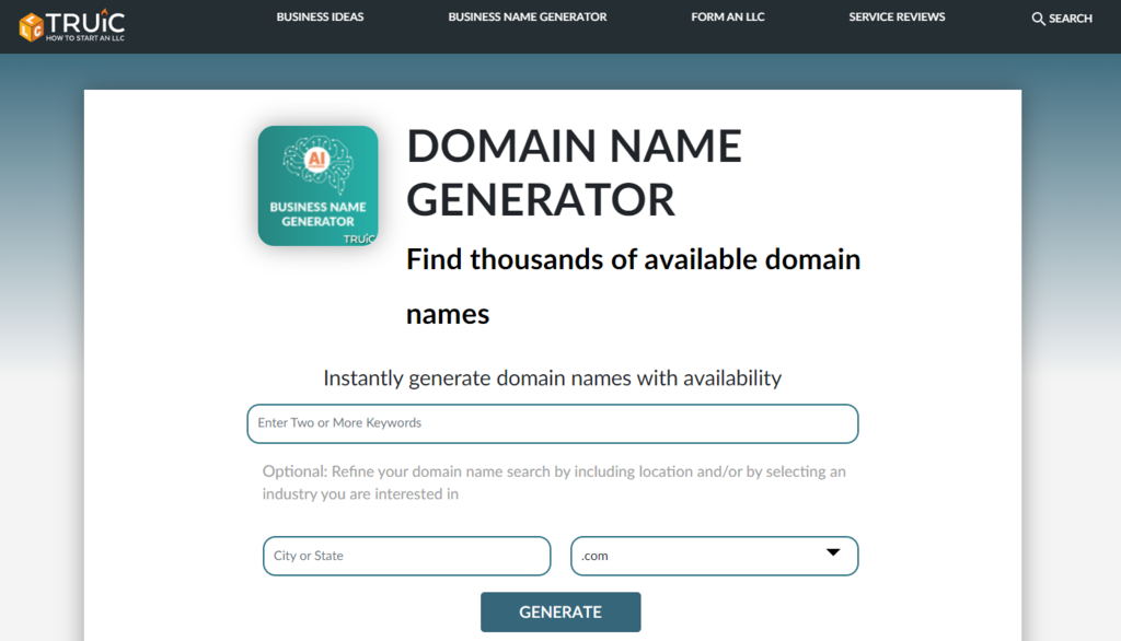 TRUiC domain name generator homepage.