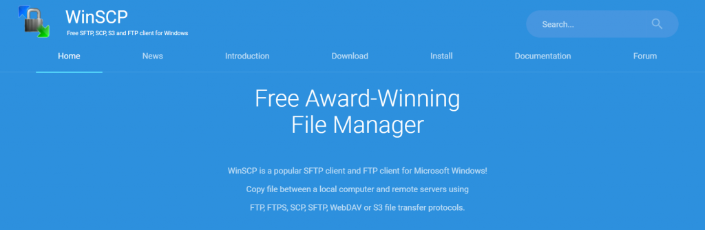 The homepage of the WinSCP FTP client.