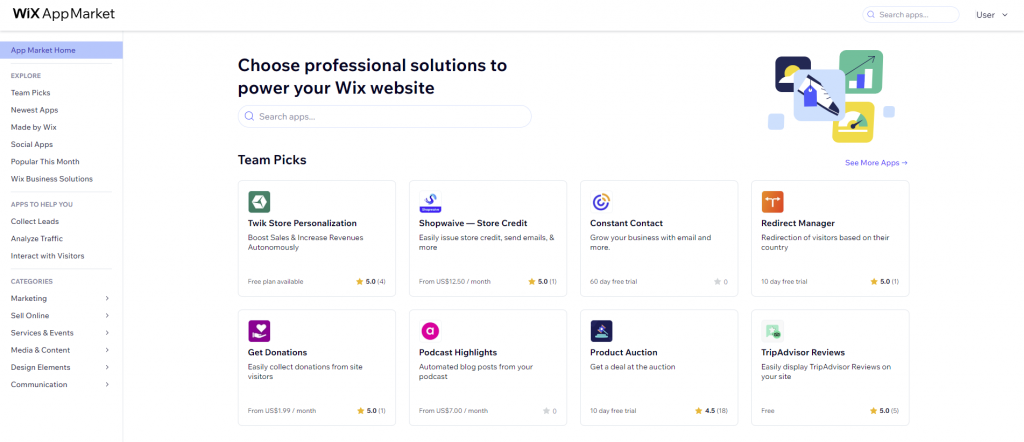 The interface of Wix App Market
