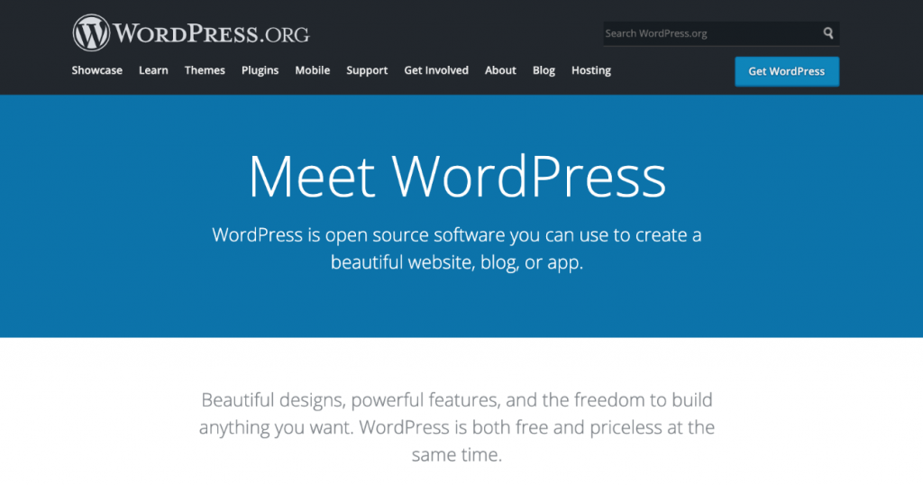 The homepage of the WordPress content management system - one of the best blog platforms. 