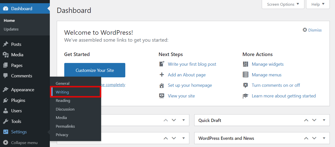 WordPress settings menu, highlighting Writing