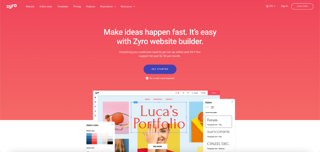 The homepage of Zyro website builder.