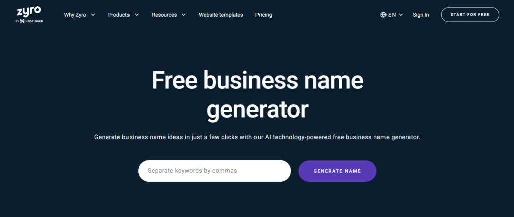 Business Name Generator page on the Zyro website