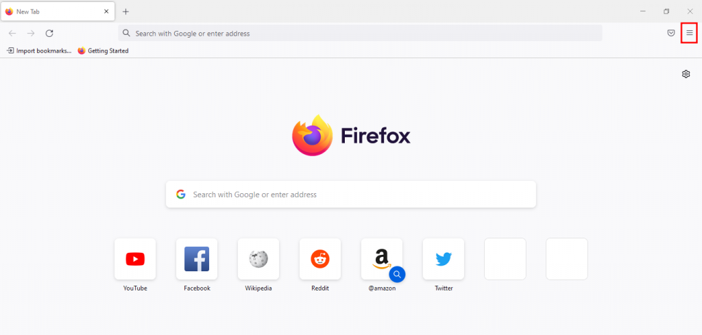 Mozilla Firefox browser starting page with the three horizontal lines symbol at the top right of the screen highlighted.