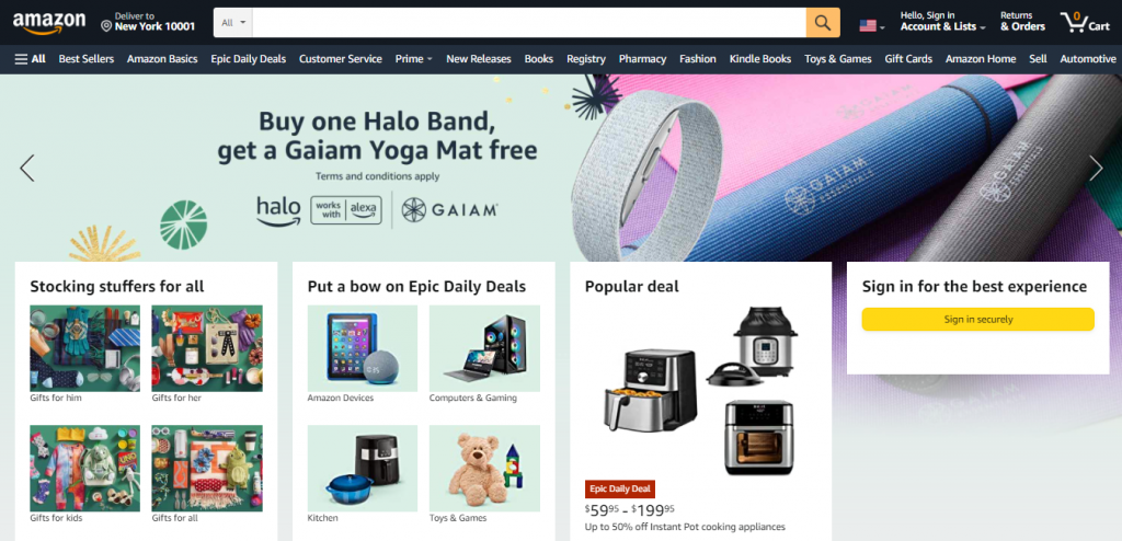 The homepage of Amazon's eCommerce site.