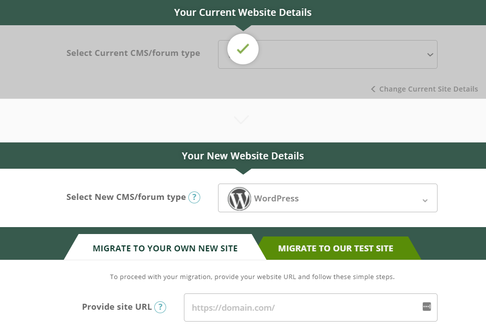 Screenshot of the CMS2CMS dashboard - migrate to our test site section