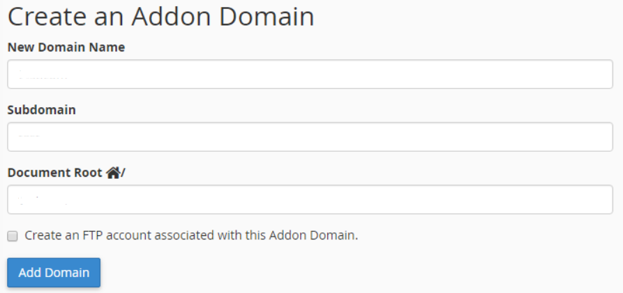The Create an Addon Domain window in cPanel.