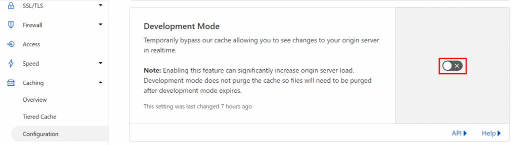The toggle icon on the development mode in Cloudflare.