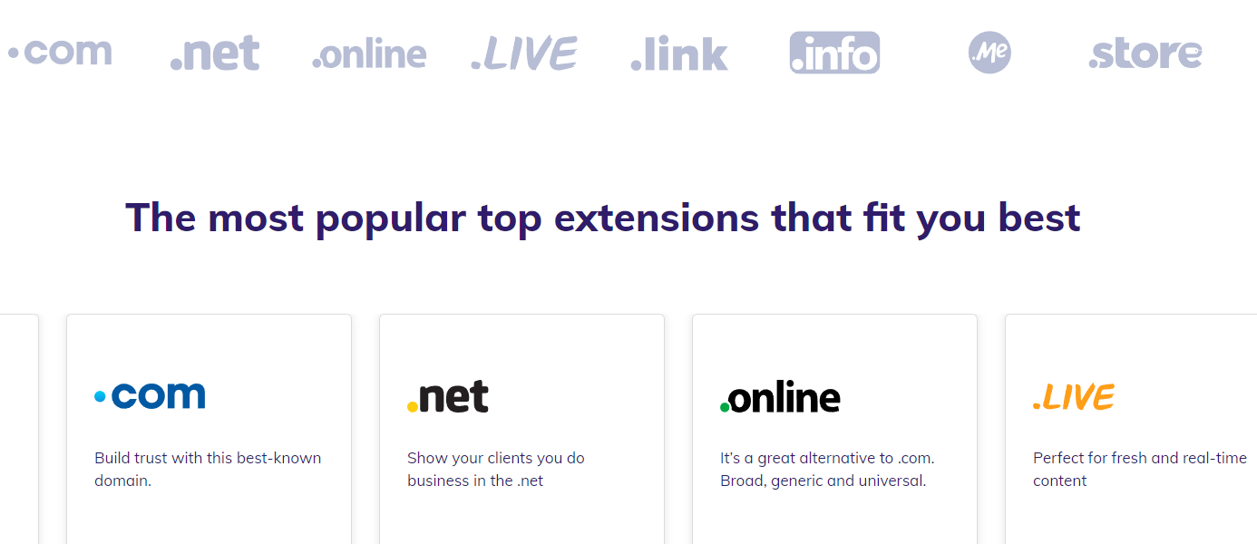 Screenshot of the available domain name extensions at Hostinger