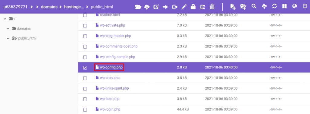 The wp-config.php file in the public_html file of hPanel