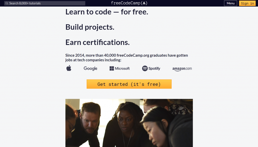 FreeCodeCamp's landing page.