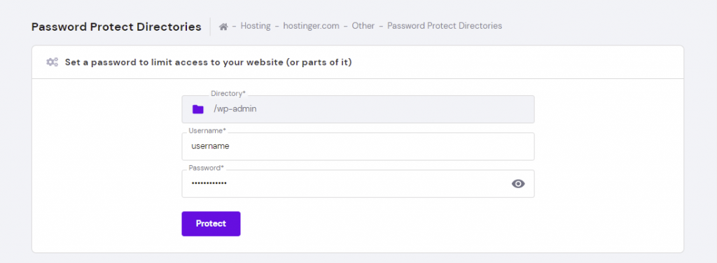 The password protect directories window on hPanel