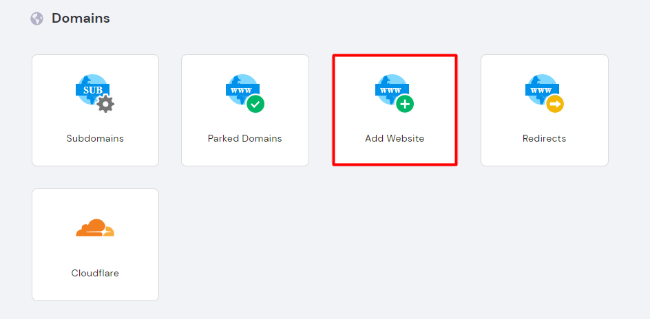 Selecting the Add Website option under the Domains section in hPanel.