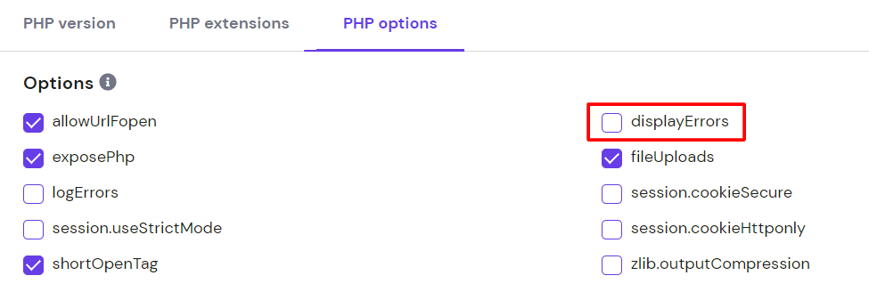 Screenshot showcasing the displayErrors option in hPanel's PHP options menu