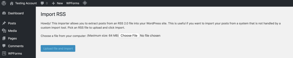 Screenshot of the Import RSS screen in WordPress dashboard