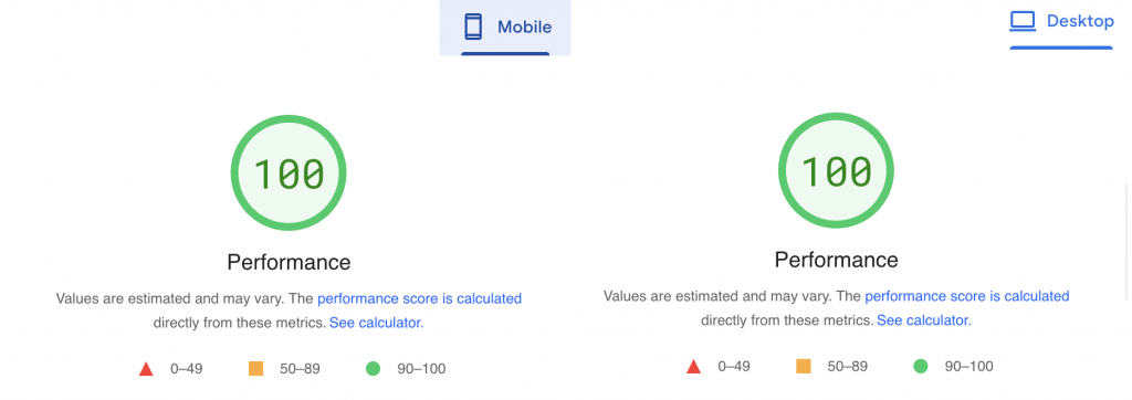 Google PageSpeed Insights' ranking of the mobile and desktop versions of the test website before setting up LiteSpeed Cache.