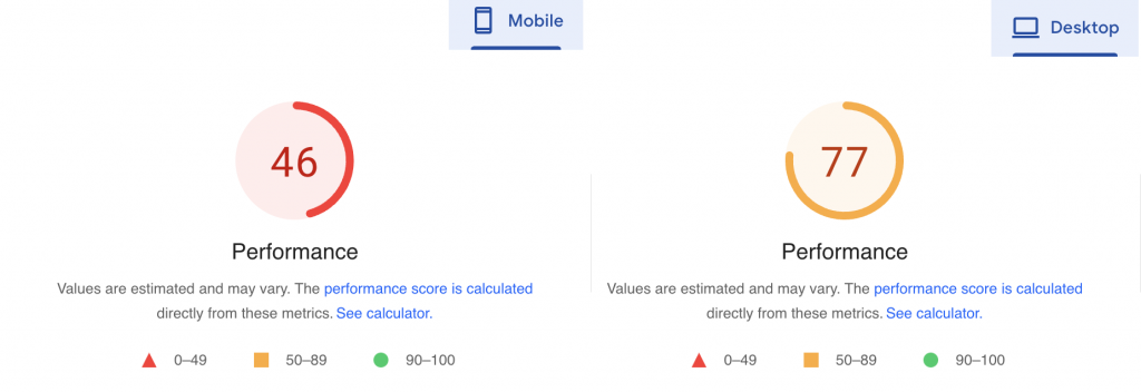 Google PageSpeed Insights' ranking of the mobile and desktop versions of the test website before setting up LiteSpeed Cache.