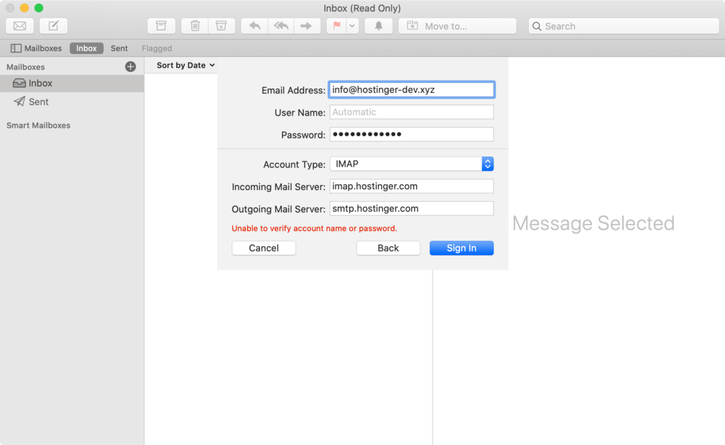 Signing in to Mac Mail after filling in email account details. 