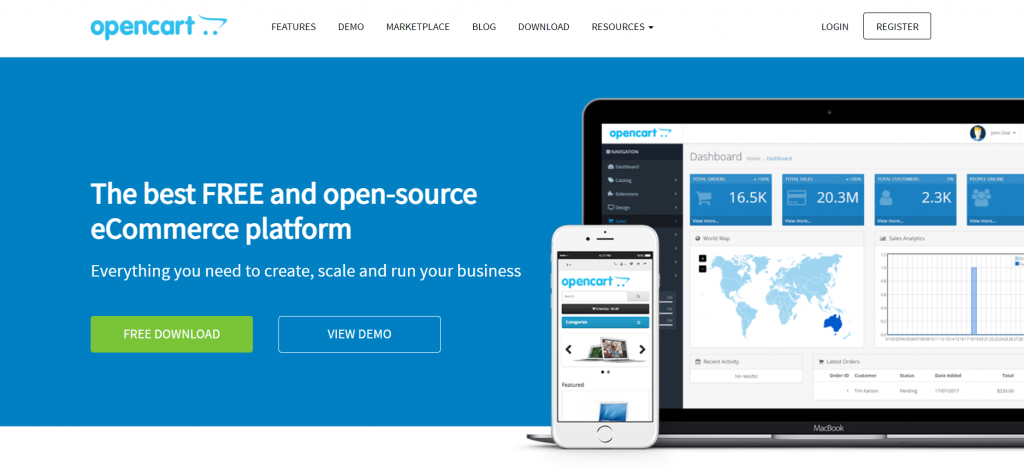 The landing page of OpenCart.