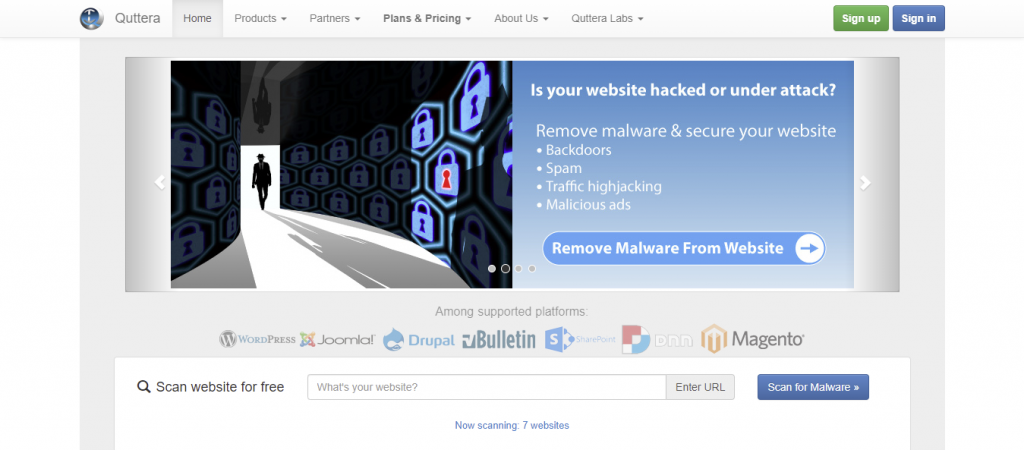 Quterra's homepage featuring the malware removal tool